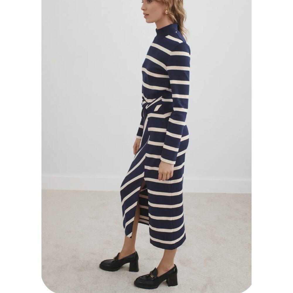 Tanya Taylor Blue White Striped Knit Midi Dress SMALL Career Work Cotton $400 - Picture 2 of 11